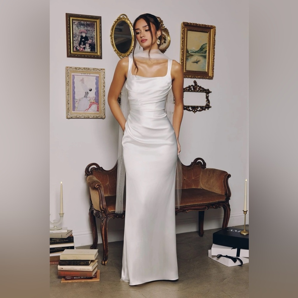 Mila T729W TOBI MAXI Elegant Satin Column Dress Scarf Wedding Bridal Gown Formal